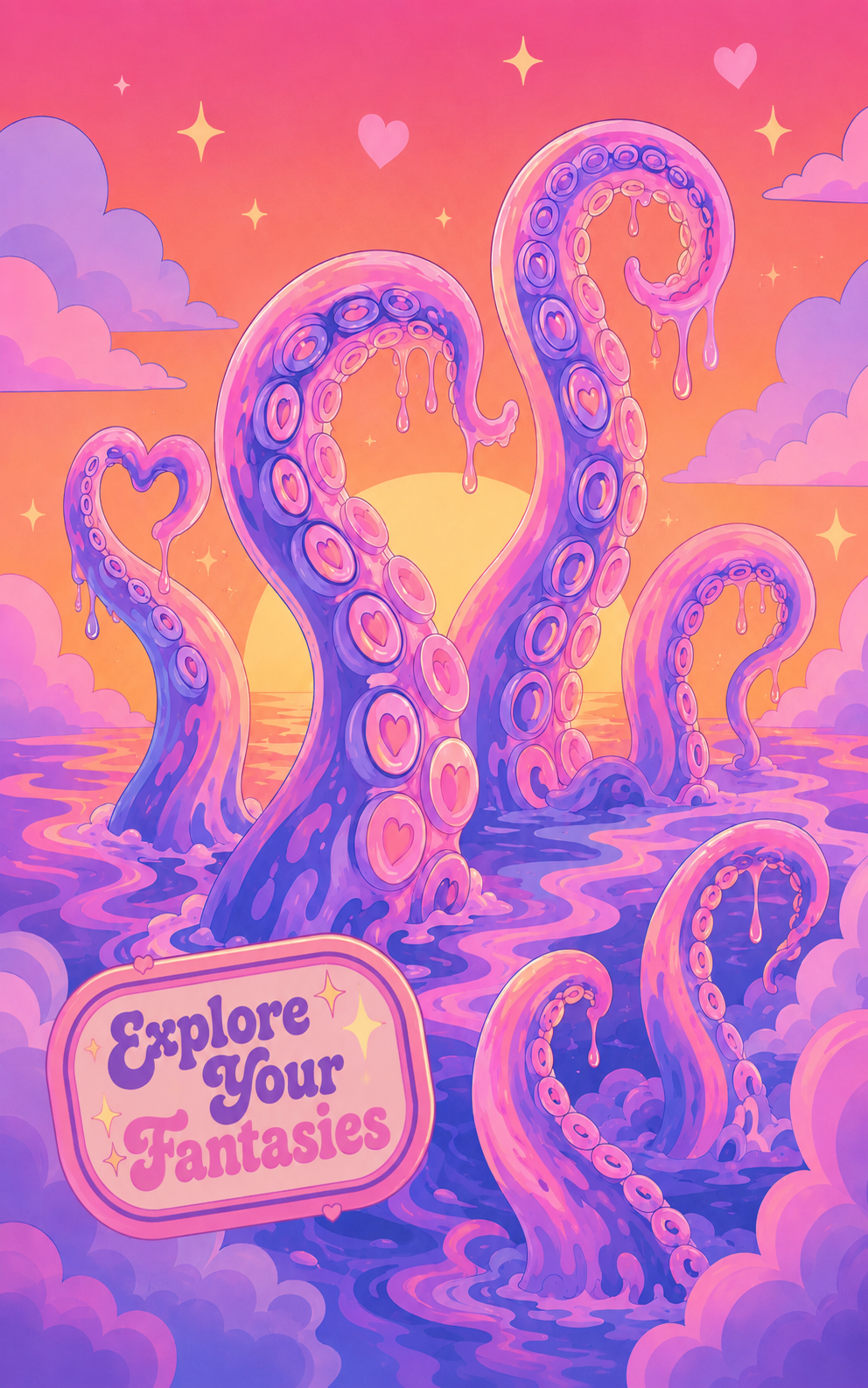 Colorful octopus tentacles in a fantasy setting with 'Explore Your Fantasies' text.